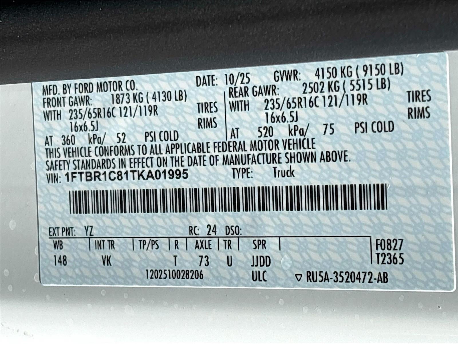 2026 Ford Transit Cargo Van T-250 148" Med Rf 9150 GVWR RWD