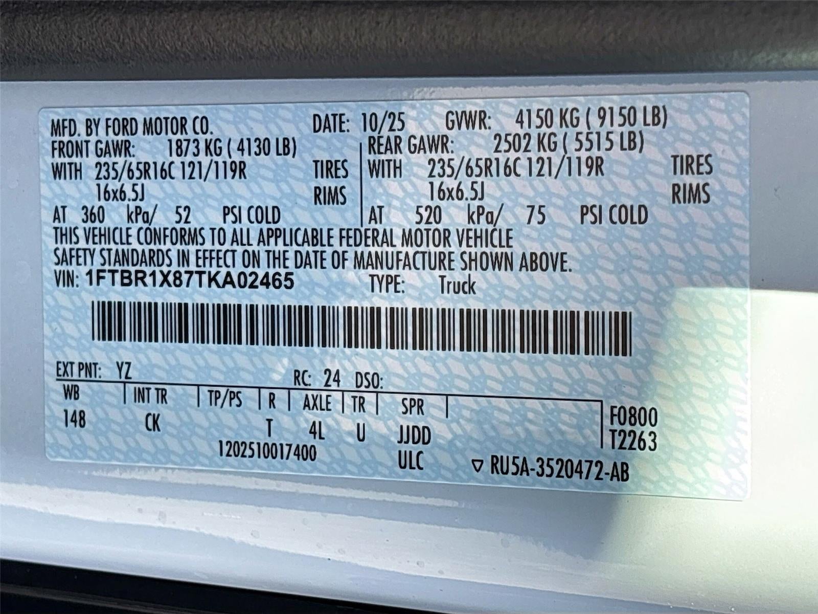 2026 Ford Transit Cargo Van T-250 148" Hi Rf 9150 GVWR RWD