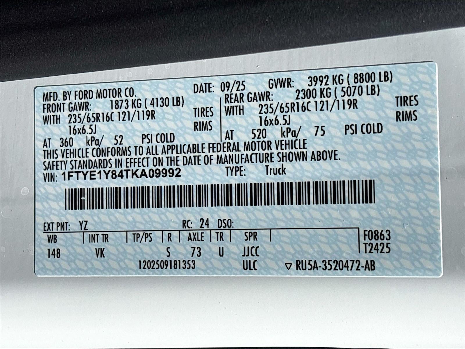 2026 Ford Transit Cargo Van T-150 130" Low Rf 8800 GVWR RWD