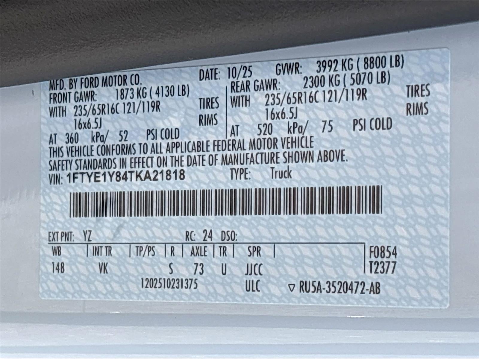 2026 Ford Transit Cargo Van T-150 130" Low Rf 8800 GVWR RWD