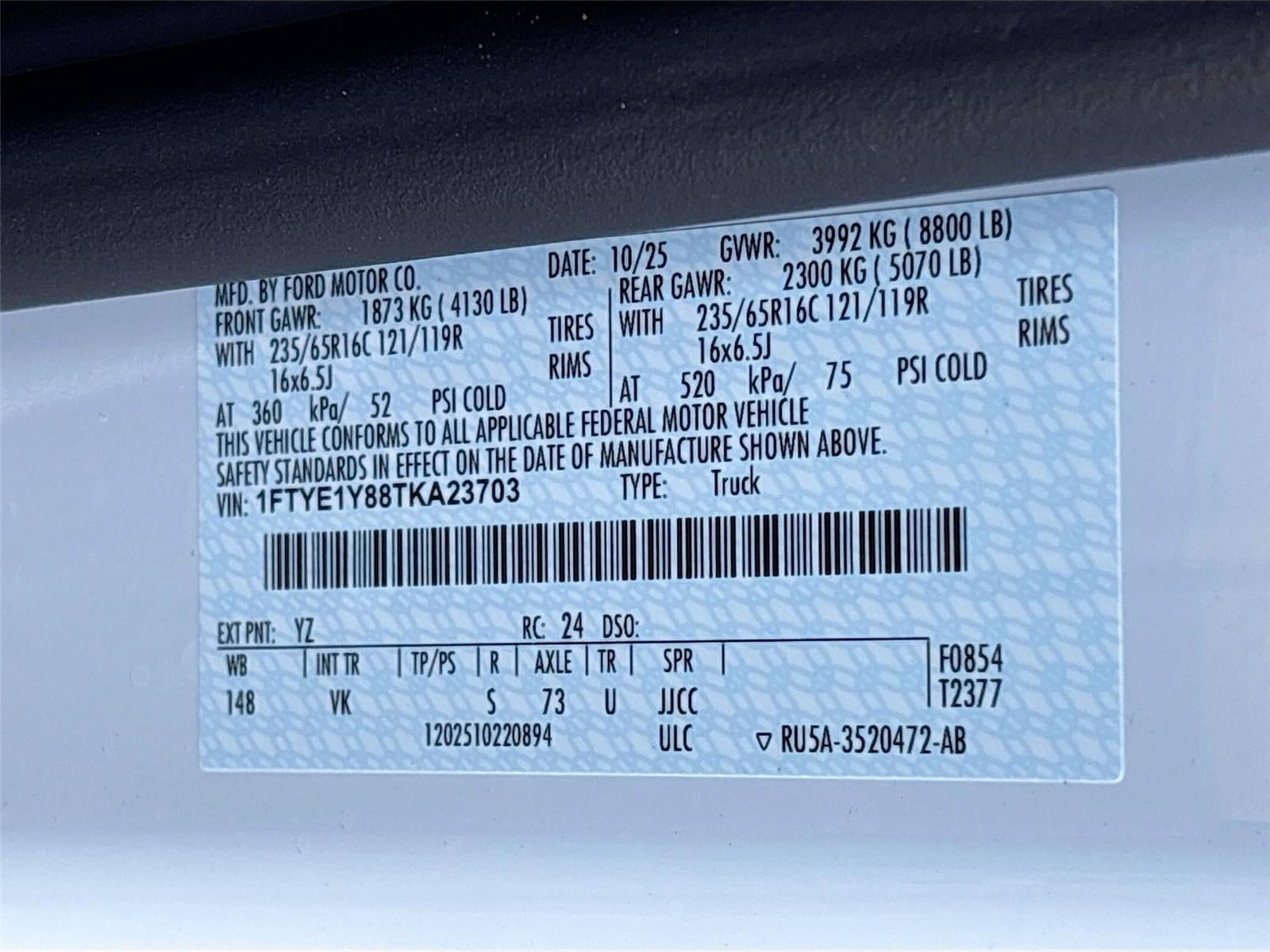 2026 Ford Transit Cargo Van T-150 130" Low Rf 8800 GVWR RWD